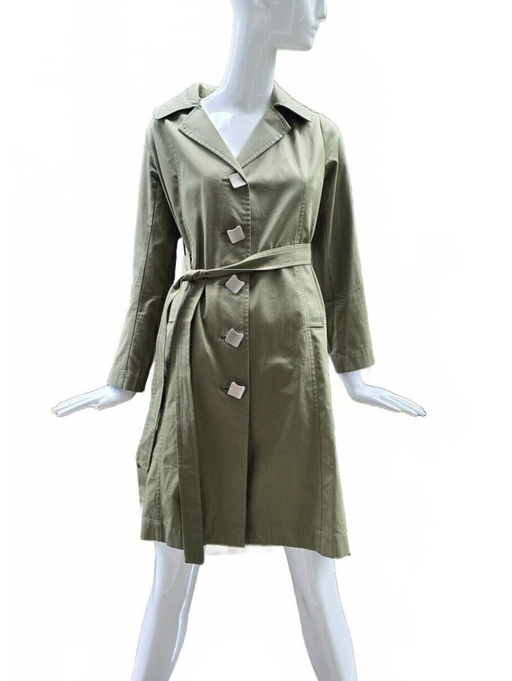 Blue Sky Waxed Cotton Forest Green Trench Coat Belted Hooded Button Down Sm